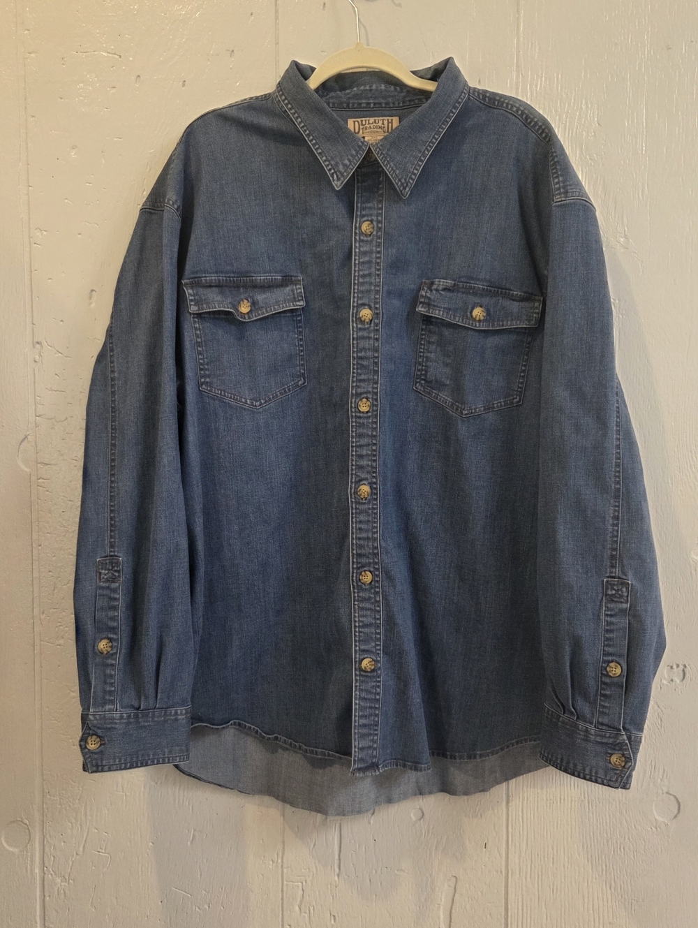 Duluth Trading Vintage-Style Denim Button-Up Shirt in Medium Blue